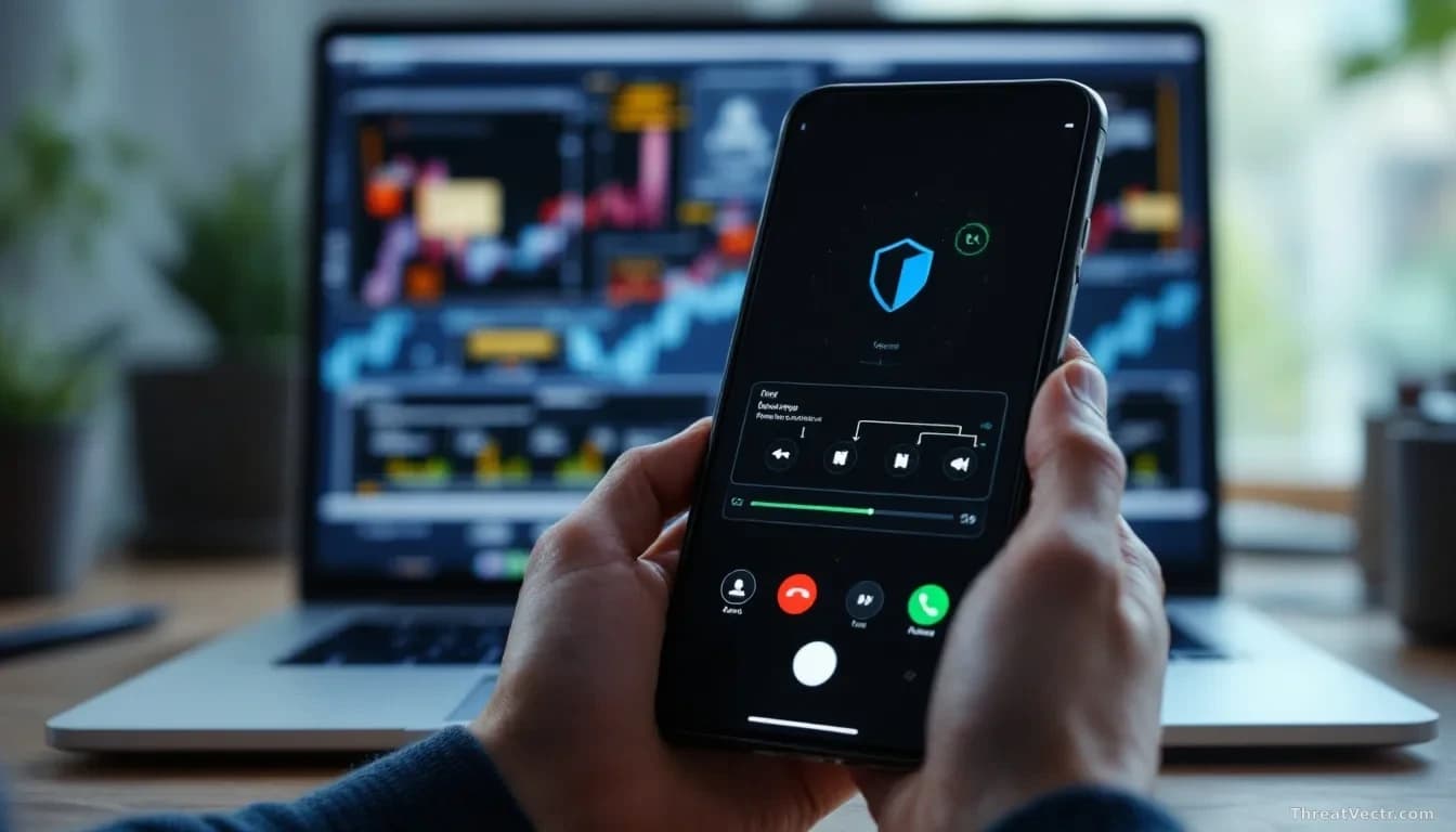 A smartphone displaying an active video call on its screen, while security analysis diagrams on a laptop behind it reveal the multi-stage exploit path to kernel