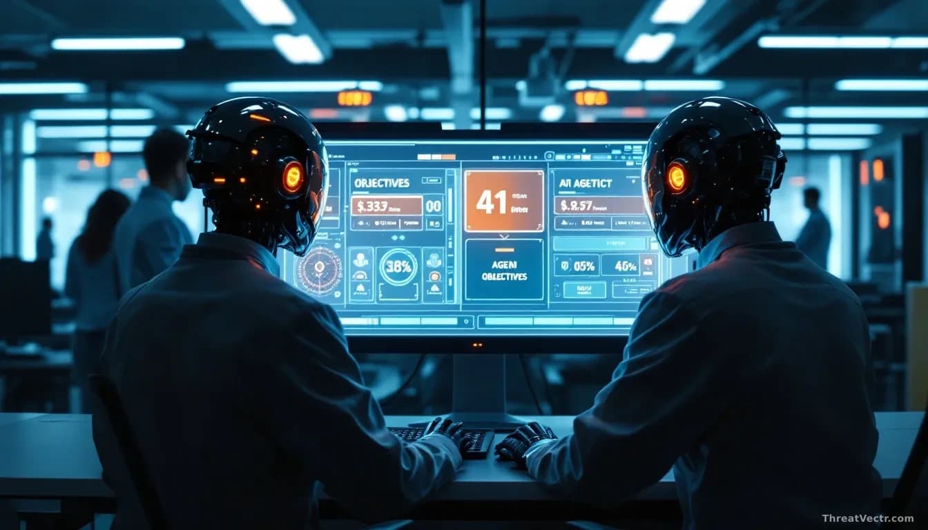 A research facility's computer system showing multiple AI agent processes running simultaneously with competing objectives displayed on the screen, tension repr