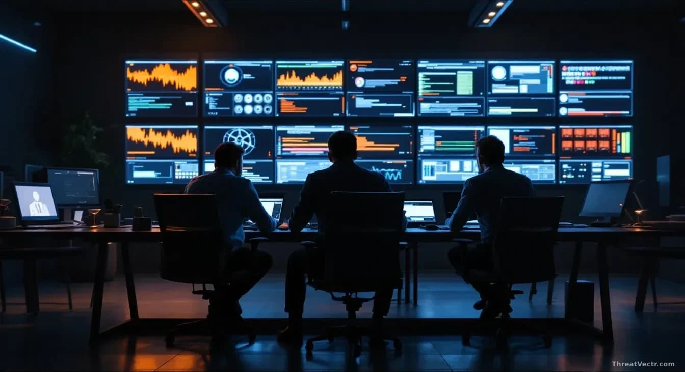 A security incident response room with investigators reviewing screens showing exposed database servers, unpatched systems, and abandoned user sessions on publi