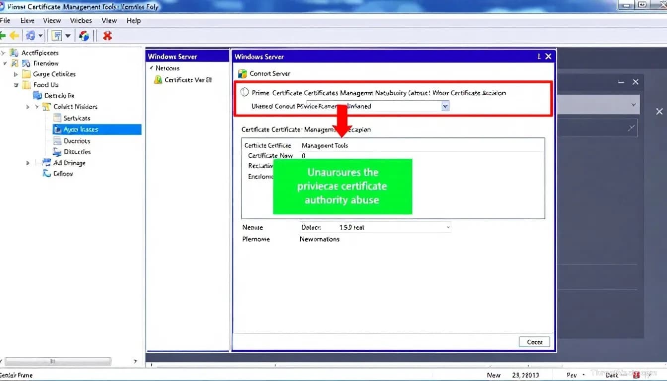A Windows Server control panel with certificate management tools open, showing how unauthorized privilege escalation could occur through certificate authority a