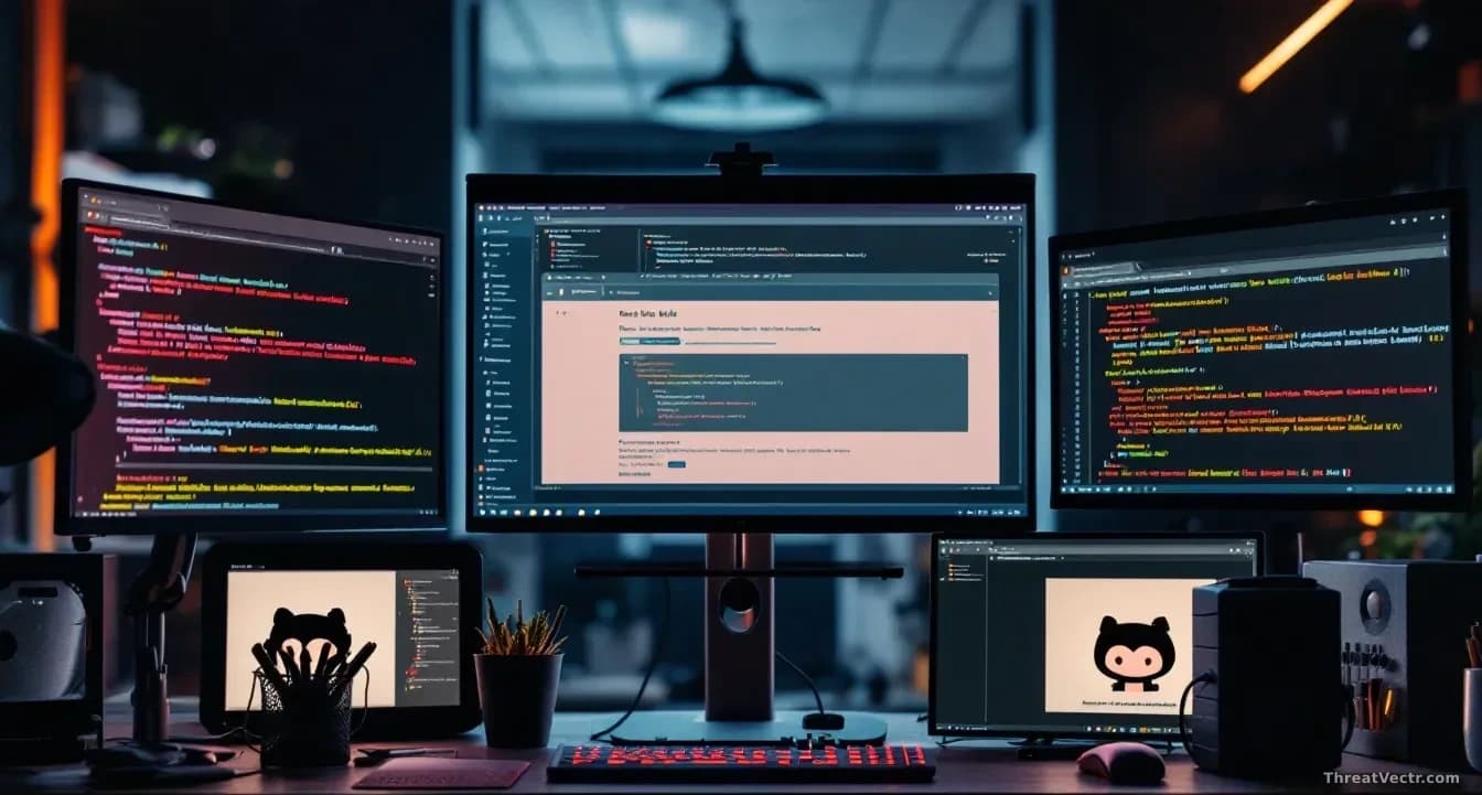 A developer's desk with multiple computer monitors displaying GitHub error screens and failed build notifications, representing the widespread outage affecting
