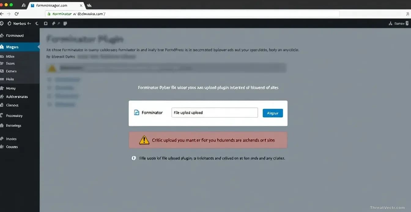 A WordPress dashboard displaying the Forminator plugin panel, with a file upload interface prominently shown and warning symbols indicating the critical vulnera
