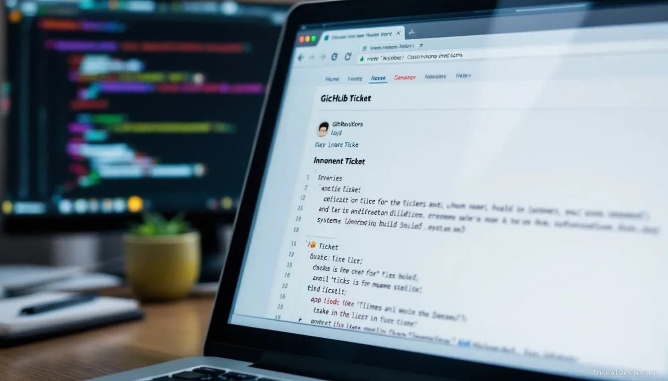 A GitHub repository page open on a laptop screen with a seemingly innocent ticket thread, while a developer terminal window shows automated build system command