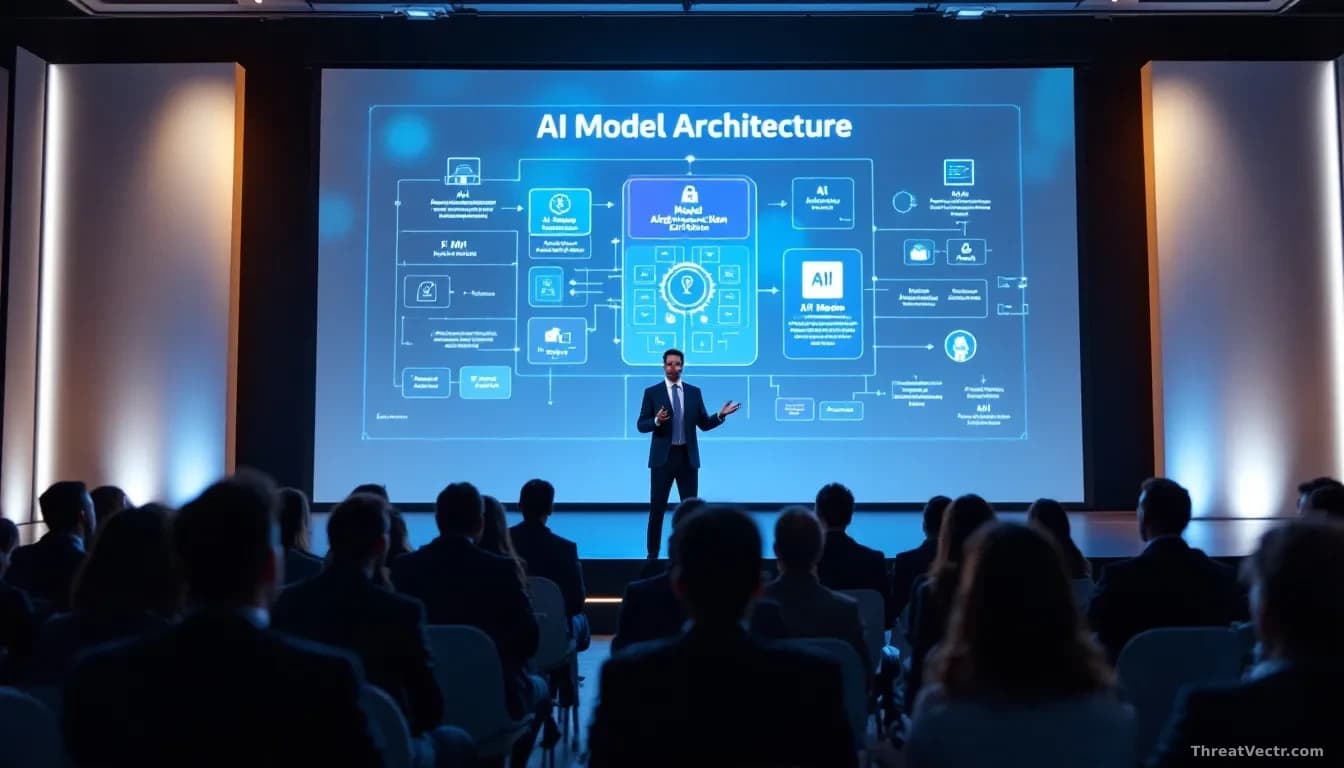 A security conference presentation stage with a speaker addressing an audience of cybersecurity professionals, with AI model architecture diagrams projected beh