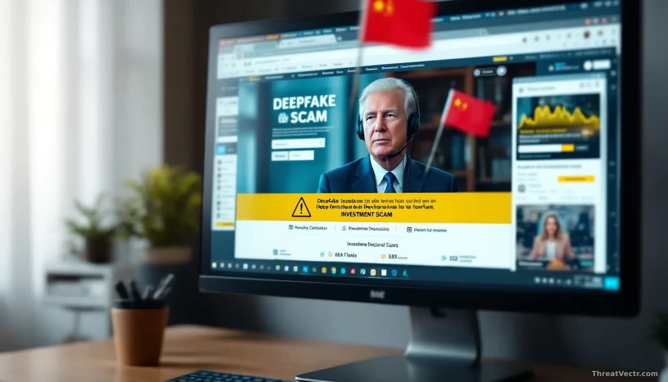 A computer monitor displaying a deepfake video of a political figure alongside investment scam websites, with warning symbols and red flags overlaid on the scre