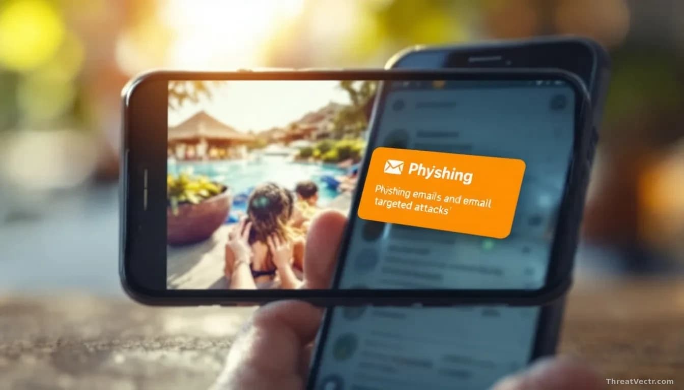 A smartphone screen displaying a social media feed with vacation photos, while a phishing email notification appears simultaneously on the device, representing