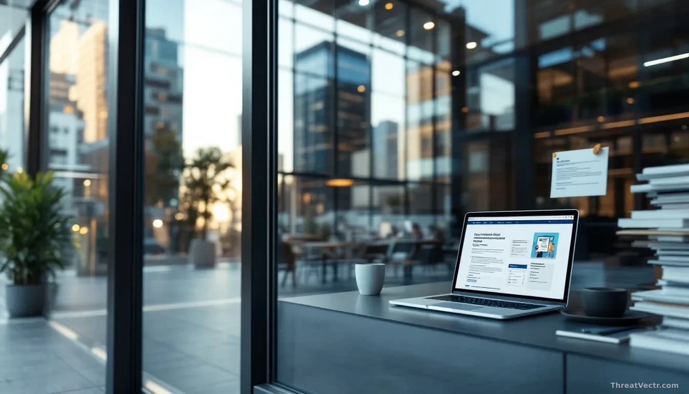 A modern office building exterior in Brisbane during daytime, with a laptop visible through a window displaying a fake website alongside legitimate business doc