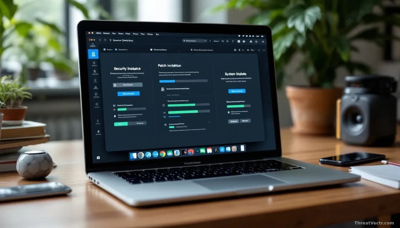 A MacBook and iPhone arranged on a desk with security software windows open on the screen, displaying patch installation progress bars and system update notific