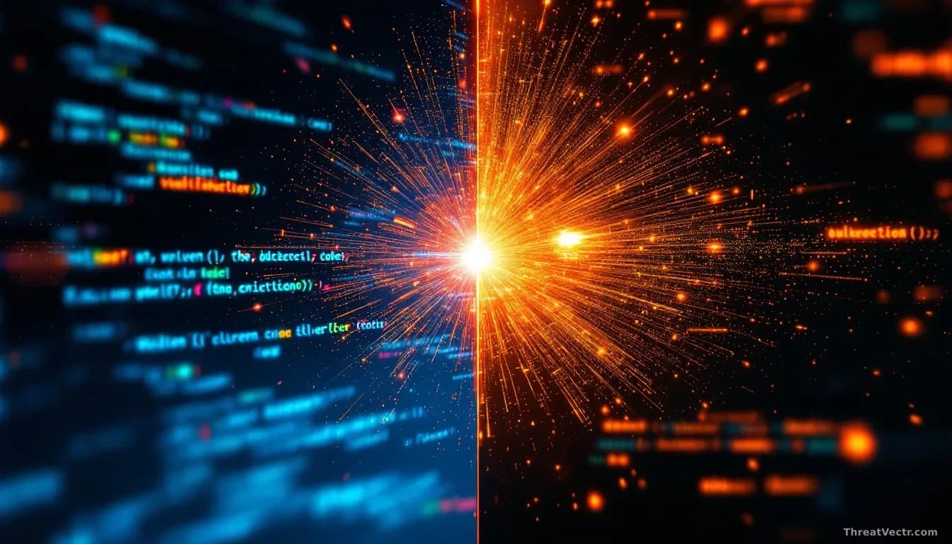 A split code editor showing vulnerable code written by an AI tool on one side and the same vulnerability being exploited by another AI tool on the other, repres