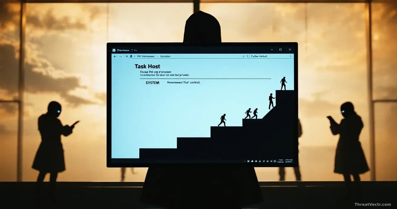 A Windows system tray showing Task Host process with escalation arrows climbing to SYSTEM-level privileges, with ransomware operators silhouetted in the backgro