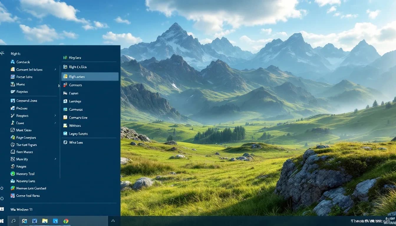 A Windows 11 desktop with a cleaner right-click context menu displayed, showing fewer options and streamlined design, with command-line windows and legacy tool