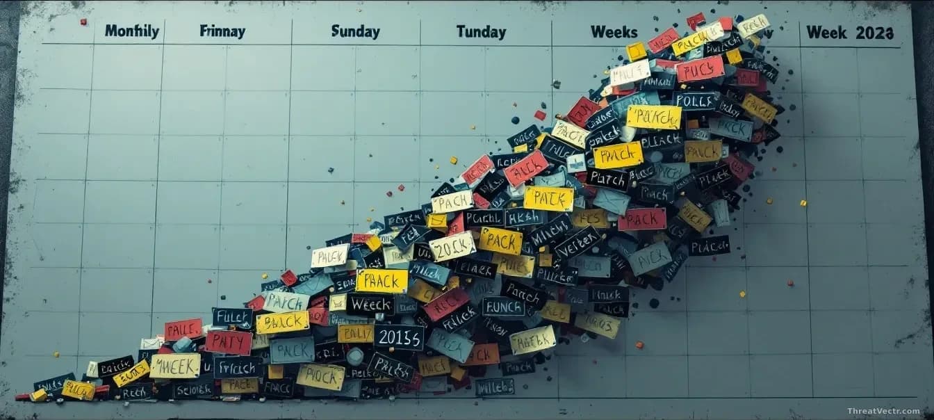 A calendar showing traditional monthly patch days with a rapidly growing pile of unpatched vulnerabilities cascading across subsequent weeks, visualized as an o