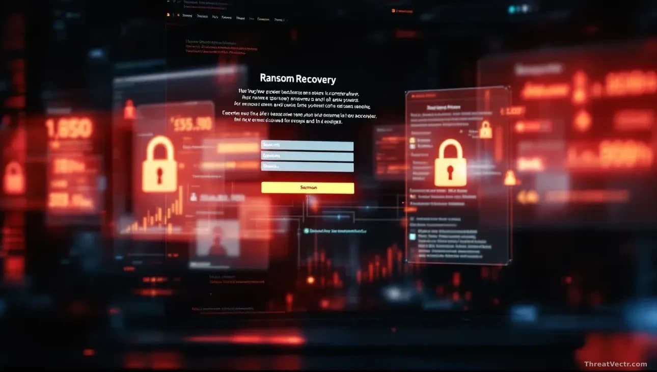 A dimly lit screen showing fake ransomware recovery interface overlaid with banking and money transfer forms, representing the dual scam of posing as a rescuer