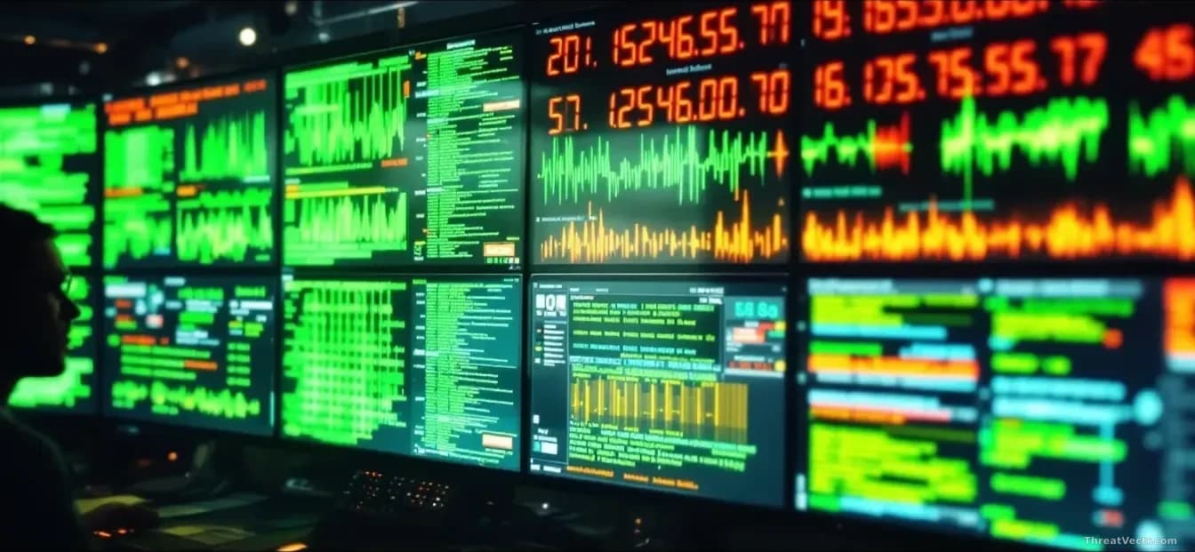 A security operations center with multiple detection screens showing successful blocks of known attack patterns highlighted in green, while subtle, unusual netw