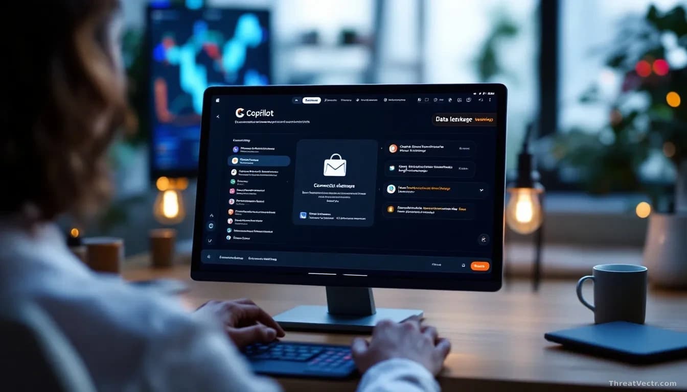 A Copilot AI assistant interface on screen showing connected applications like Gmail and calendar services, with warning indicators highlighting data leakage vu