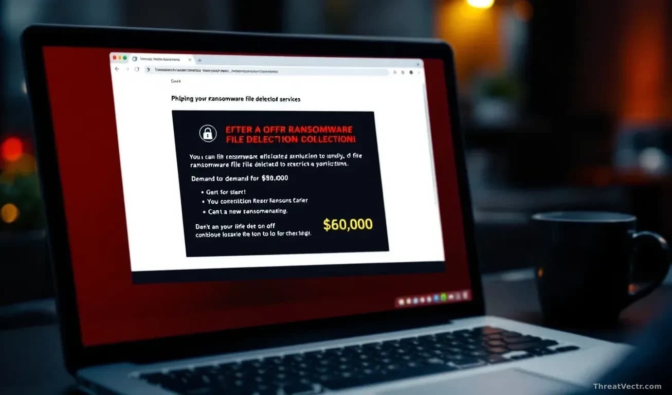A phishing email displayed on a computer screen claiming to offer ransomware file deletion services, with a demand for $60,000 visible, alongside legitimate ran