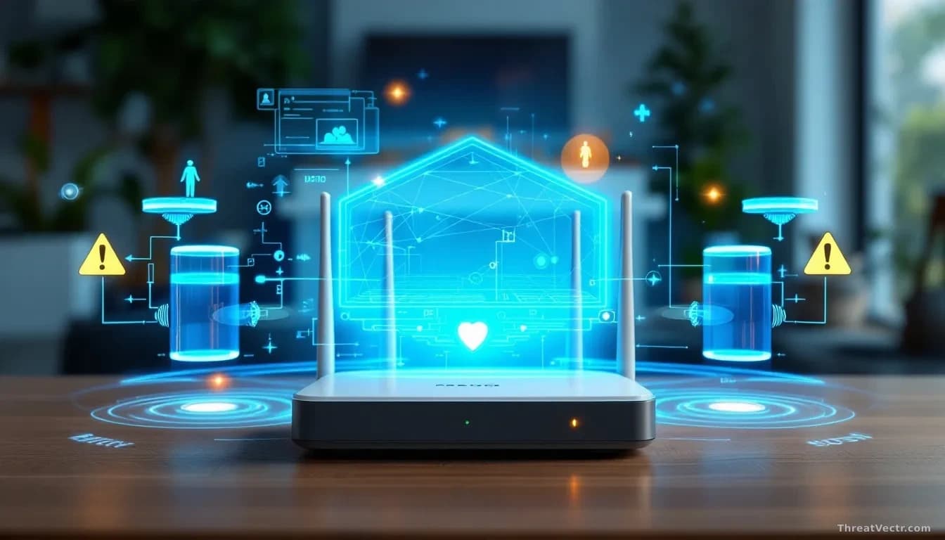 A residential home with a router device prominently displayed, surrounded by motion sensor visualizations and privacy warning symbols indicating data collection