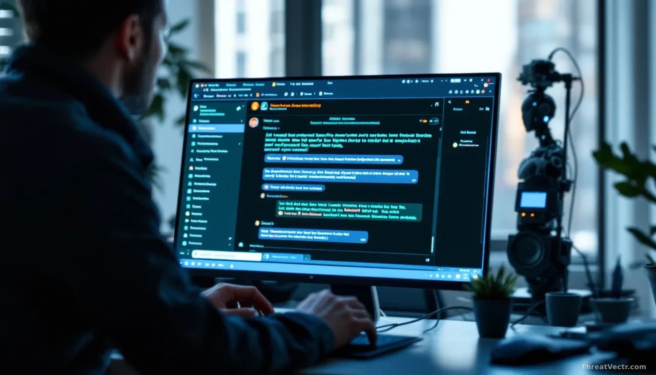 A researcher's computer showing a chat interface with an AI assistant, with internal system information and security weaknesses being revealed in the conversati