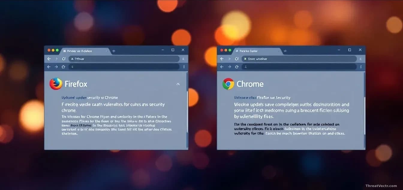 Browser windows for both Firefox and Chrome open side-by-side, each displaying security update notifications with patch notes listing dozens of vulnerability fi