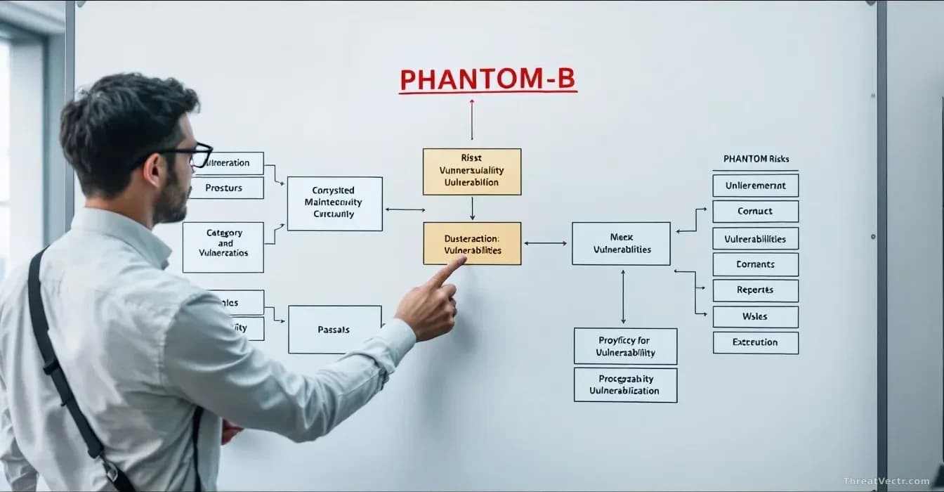 A whiteboard or digital canvas displaying the PHANTOM-B framework with interconnected boxes showing different categories of AI system risks, with a security exp