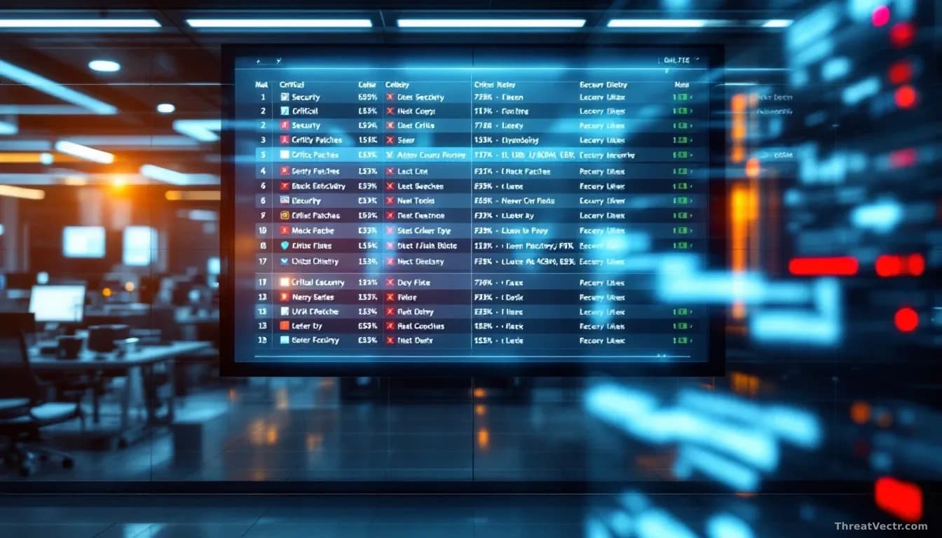 A large digital display in a software company showing a rolling list of hundreds of security patches and fixes being deployed, with critical severity indicators