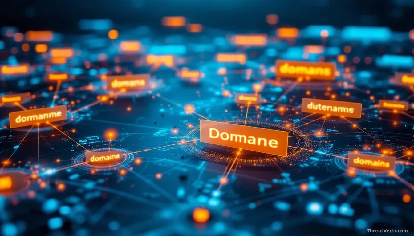 A network analysis dashboard showing multiple domain names rotating and shifting across a visual representation of internet infrastructure, with suspicious beha