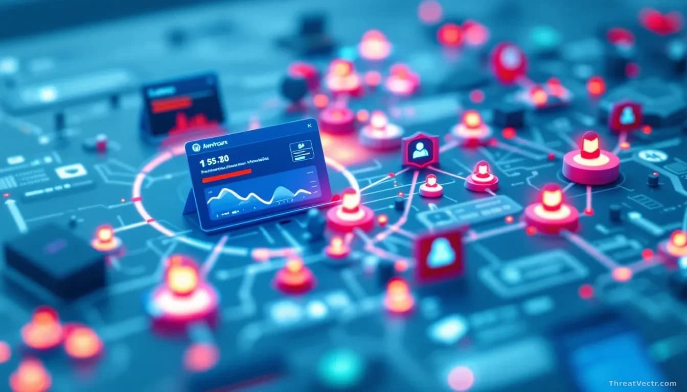 A WordPress dashboard interface overlaid with malware distribution nodes and command-and-control infrastructure visualization, showing how compromised sites for