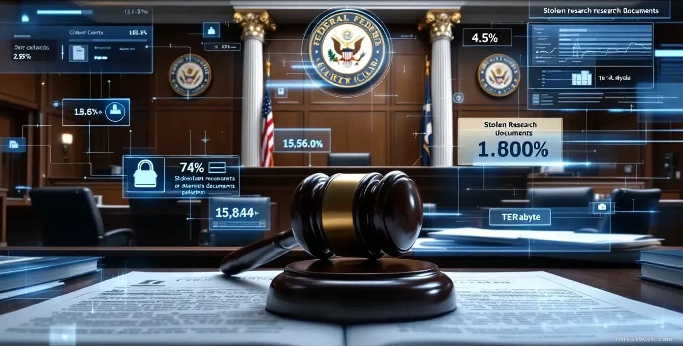 A federal courthouse interior with official seals and legal documents related to cybercrime charges displayed on a desk, with a digital overlay showing stolen r