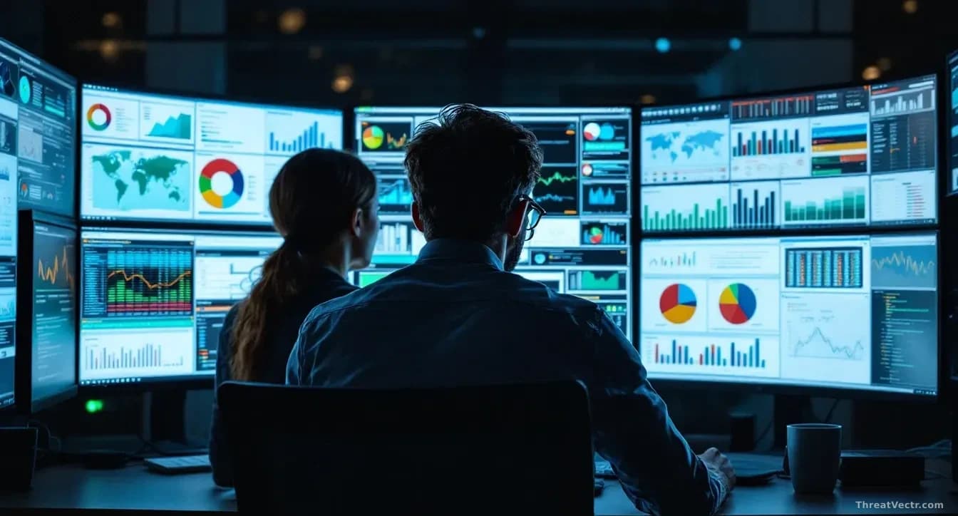 A business analyst reviewing fragmented data sources displayed across multiple monitors—spreadsheets, databases, charts, and reports—being unified into a single