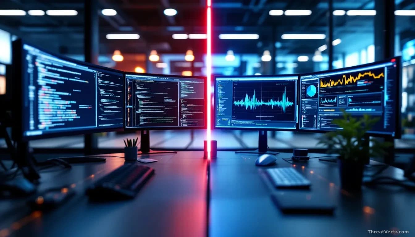 A split-screen view of a software development workspace on one side showing code editor windows, and a security operations center on the other with network moni