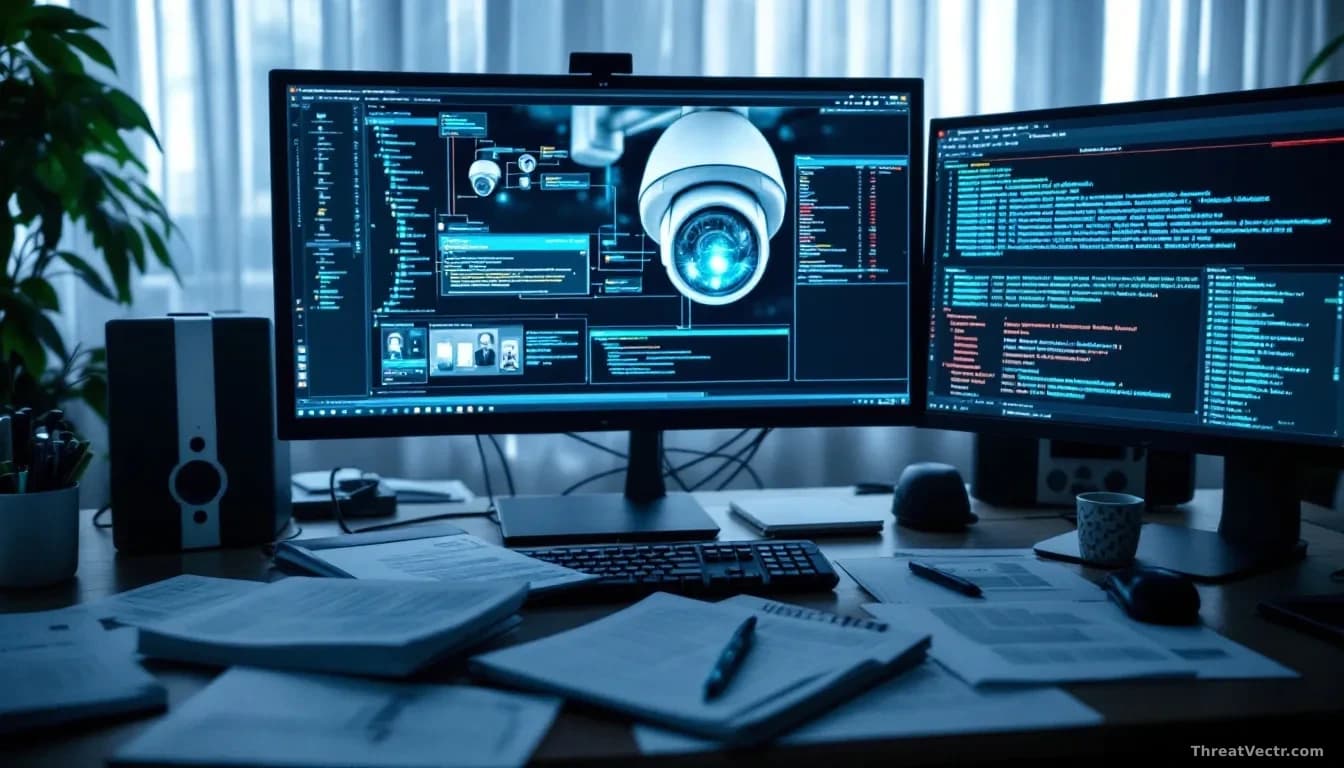 A cybersecurity researcher's desk with investigation files spread out, a security camera image displayed on monitor, directory structure and authentication logs