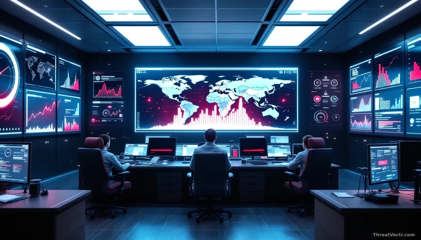 A security operations center with massive wall displays showing login attempt metrics, graphs spiking dramatically upward, failed authentication patterns highli