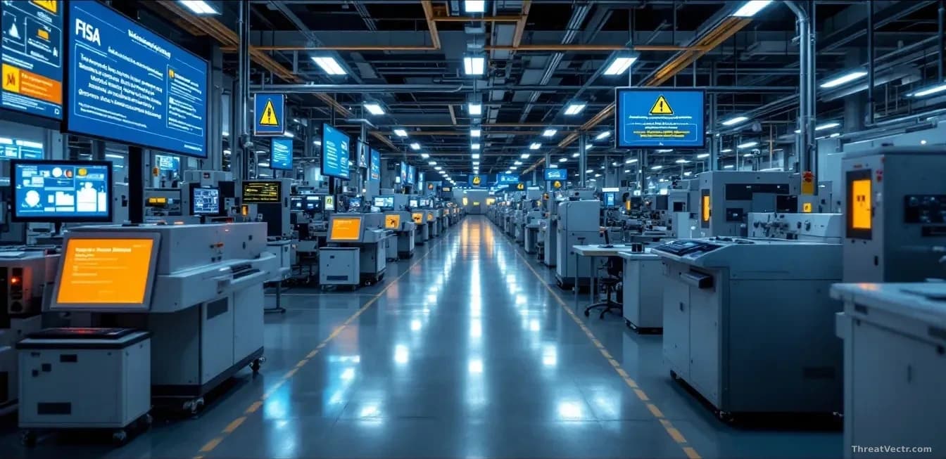 An industrial factory floor with manufacturing equipment and control systems, cybersecurity warning banners and AI-generated script alerts visible on monitoring