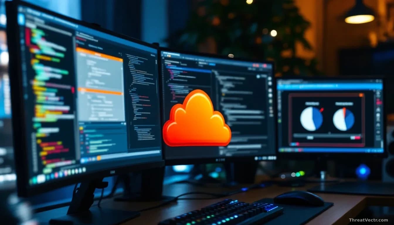 A developer workspace showing code editors and security analysis tools, Cloudflare Workers interface visible on one monitor with side-channel attack diagrams di