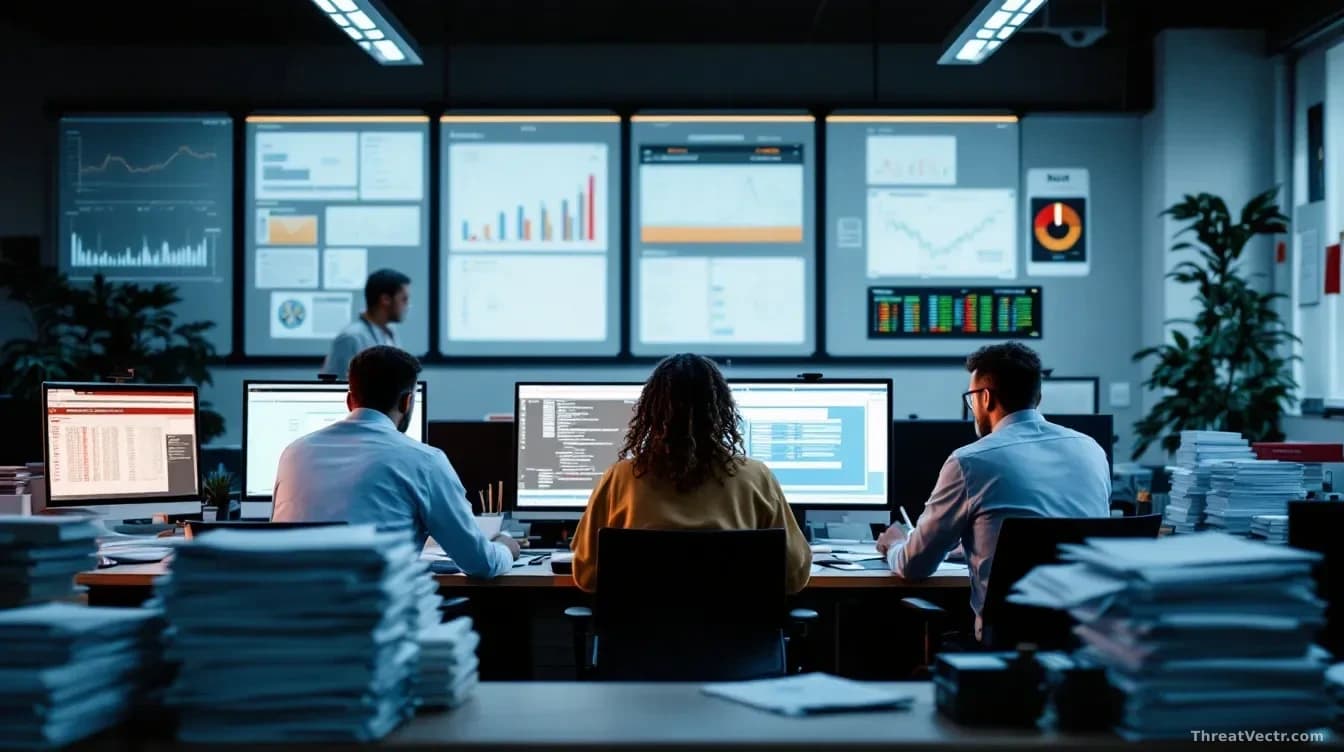 A healthcare IT office with incident response team members reviewing patient data logs on screens, SEC filing documents and regulatory notifications stacked on