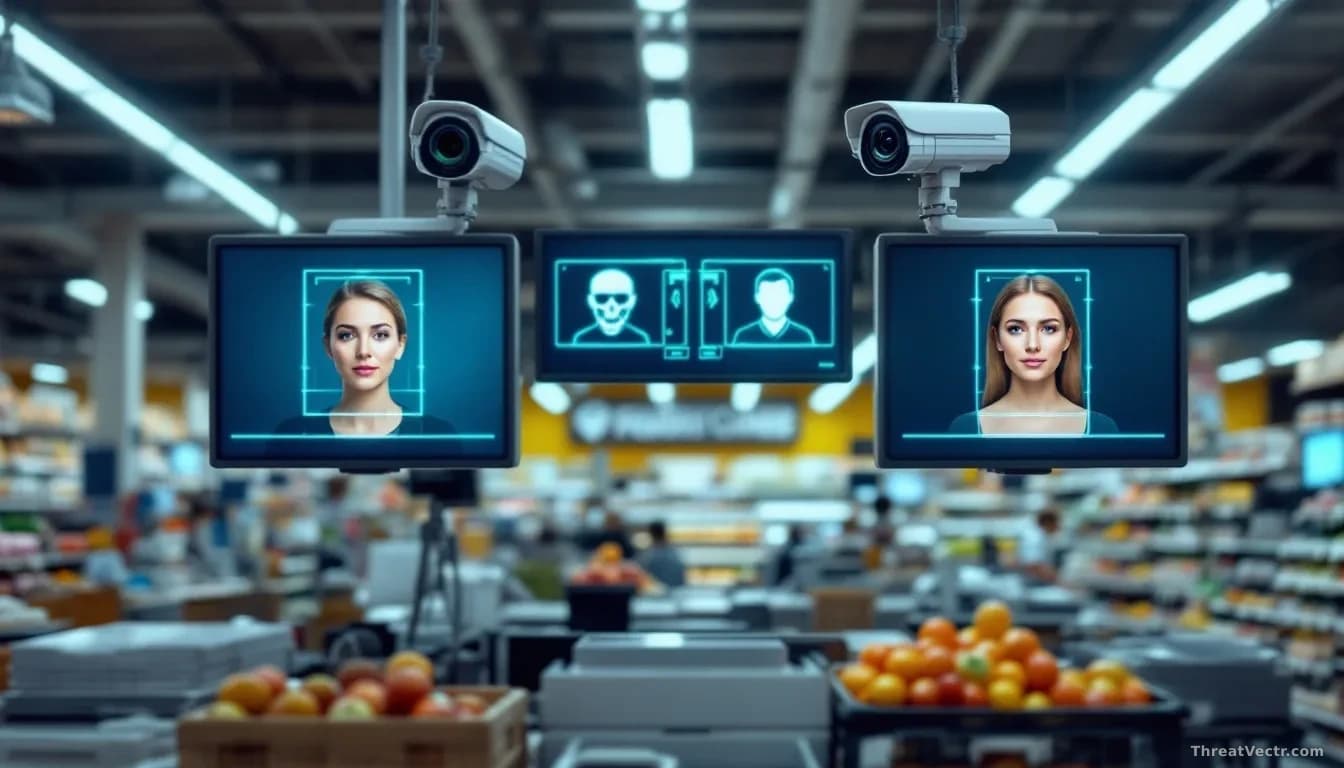 A supermarket checkout area with security cameras mounted overhead and digital screens displaying face recognition processing boxes around shopper faces in the
