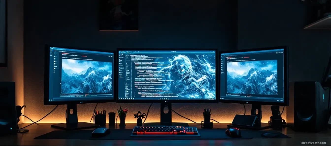 A gaming setup with multiple monitors frozen mid-display, error codes and crash dump information visible on screens, the Windows taskbar showing update notifica