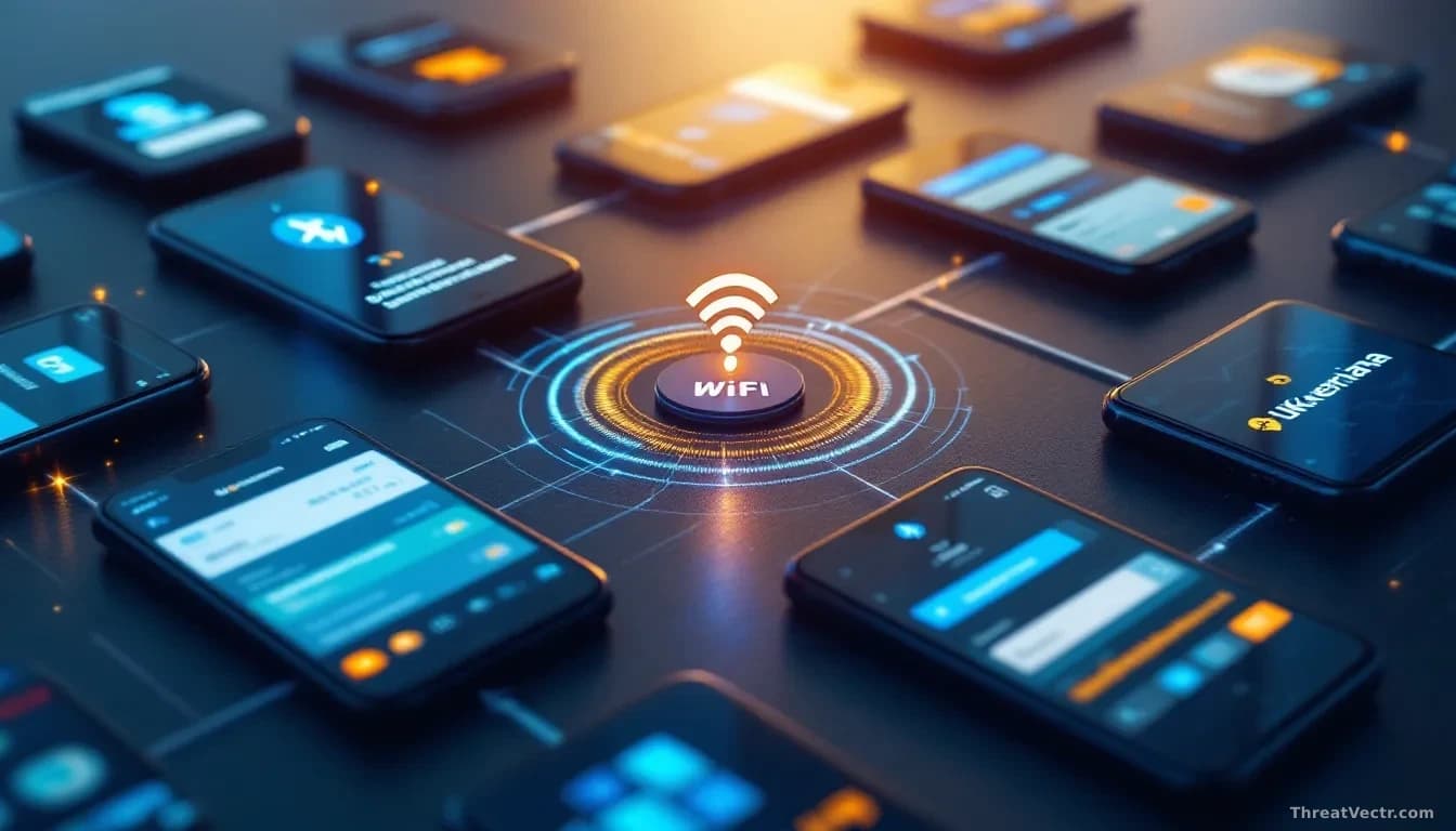 Multiple smartphones arranged on a surface with bluetooth and wifi symbols appearing between them, showing data flowing wirelessly from one device to others, Uk