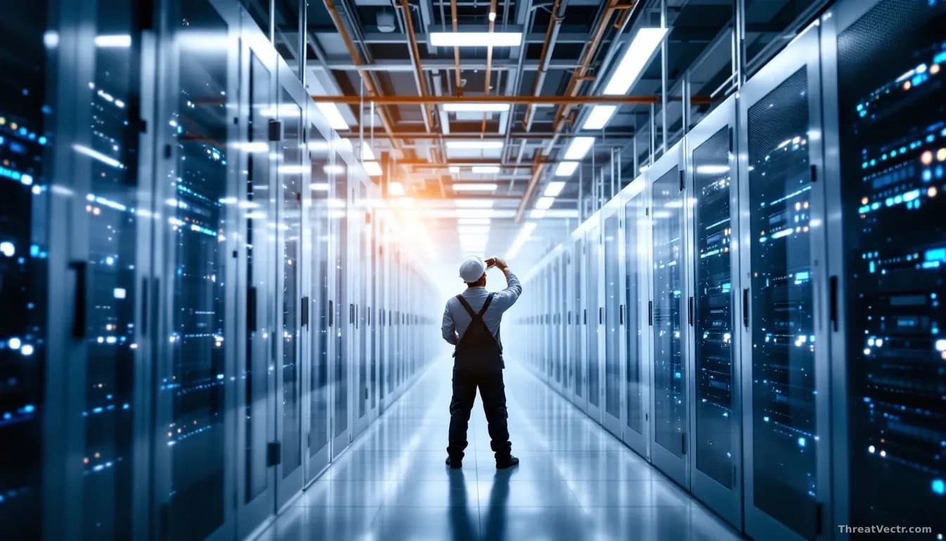 A technician in a data center adjusting network equipment with isolation cages and physical security gates visible, containment barriers separating different se