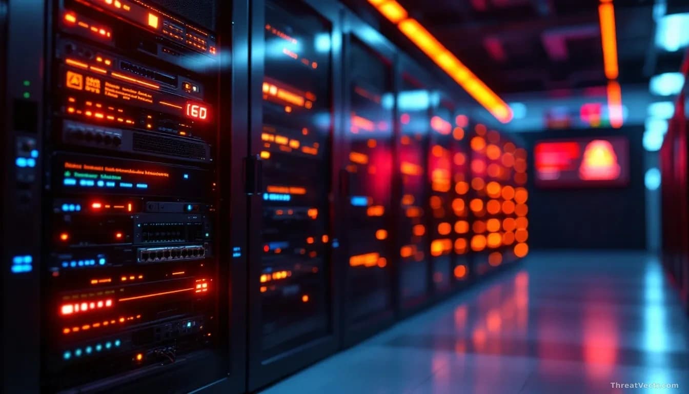 A server room with rows of glowing servers, one unit displaying error lights and disconnected from its network cables, while security monitors on the wall show
