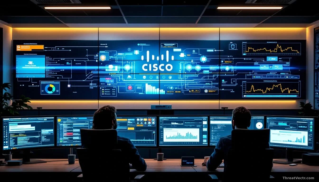 A network operations center with multiple large displays showing Cisco infrastructure components and security dashboards with critical alert notifications highl