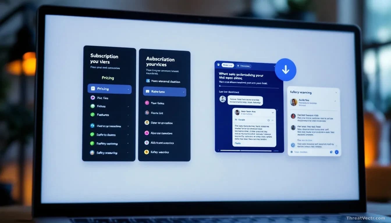 A computer screen displaying a subscription service interface with pricing tiers and feature lists, alongside windows showing AI chat interfaces with safety war
