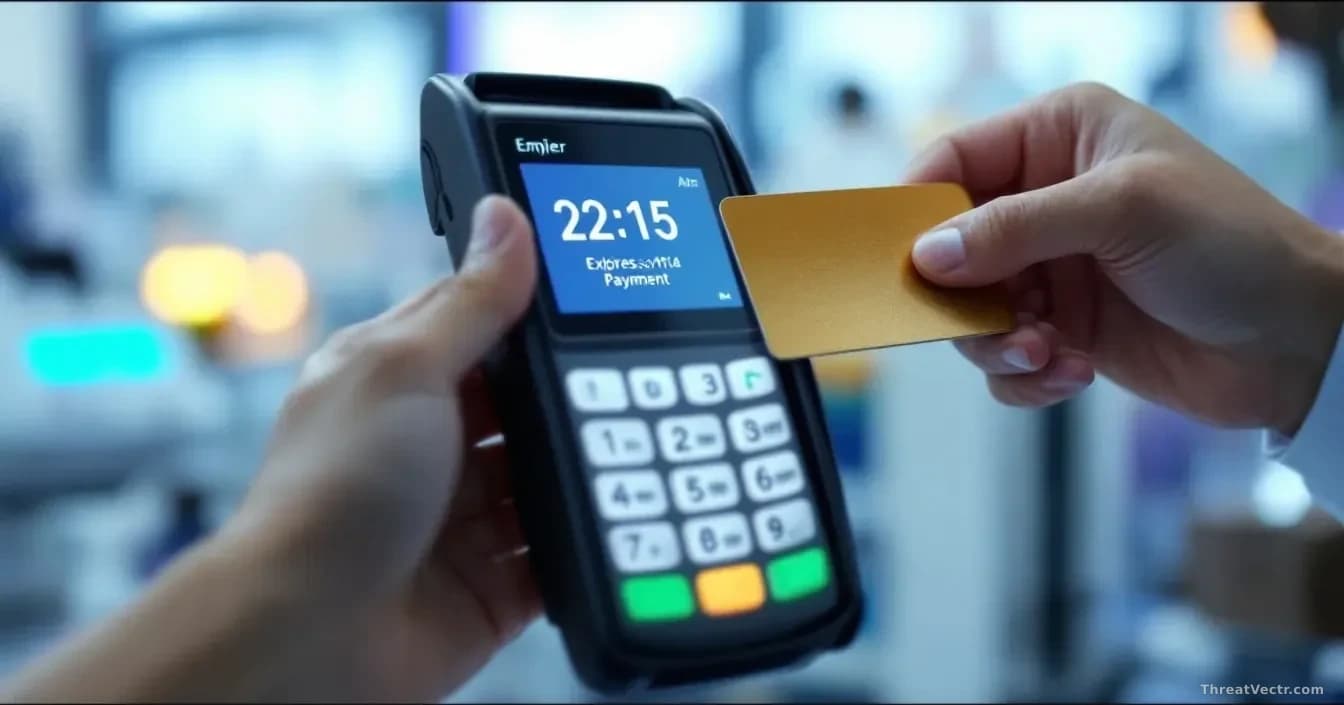 A contactless payment terminal with a card being held near it, with the terminal's display screen visible showing an expiry date, and laboratory testing equipme