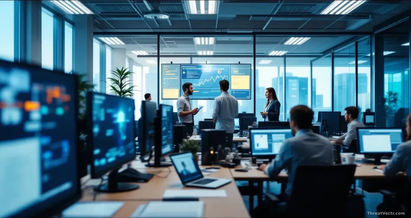 A corporate office environment with desks and computers, with security incident notifications visible on multiple screens and incident response team members gat