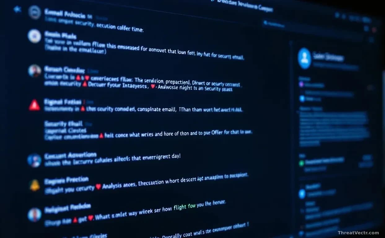 An email inbox interface showing multiple messages, with several appearing legitimate but flagged by security analysis tools, while an endpoint protection panel