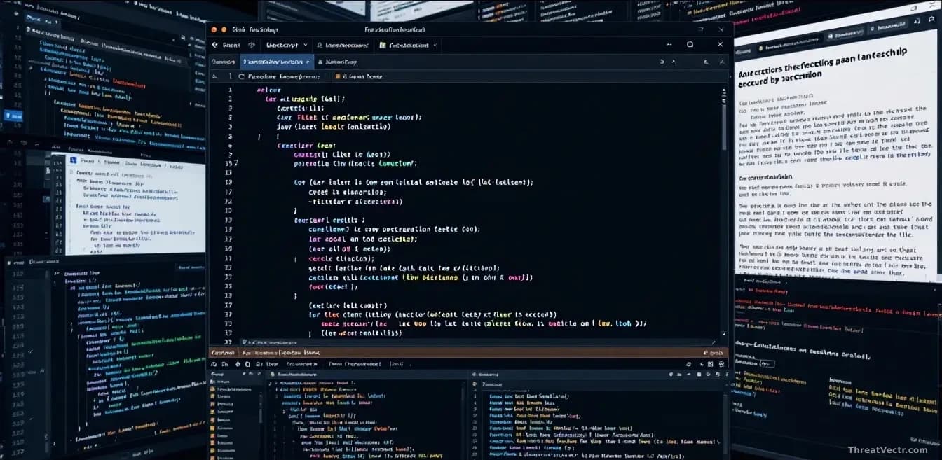 A code editor showing JavaScript sandbox security functions with breach points highlighted, surrounded by documentation windows displaying vulnerability details