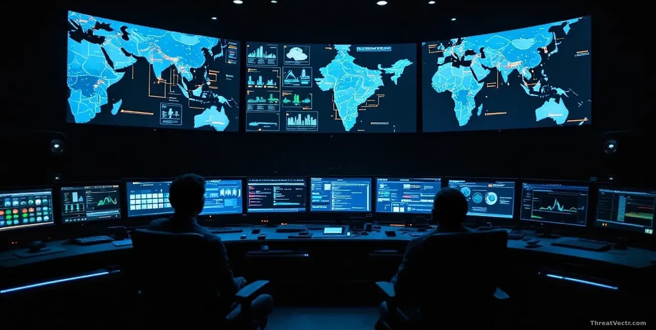 A darkened control room with multiple screens displaying network infrastructure and maps of South Asia, with indicators highlighting telecommunications faciliti