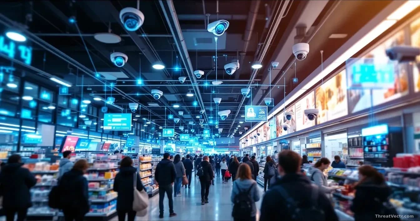 Wide shot of a modern retail environment with security cameras mounted on walls and ceiling, people shopping below unaware, with digital overlay showing data co
