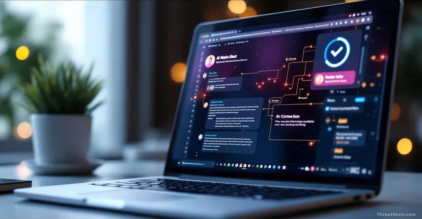 A laptop screen displaying an AI chat interface mid-conversation with a webpage open in another tab, with subtle connection indicators and data packets visualiz