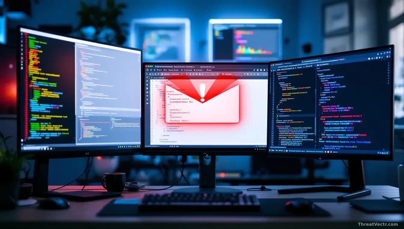 A developer's workspace with multiple monitors showing code repositories and package manager windows, with one screen displaying a compromised file alert overla